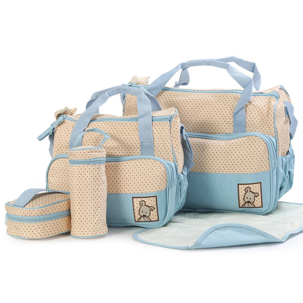 

5pcs Baby Changing Nappy Hospital Mother Handbag Waterproof Diaper Bags Set Stroller Straps Large Capacity Practical For Mom