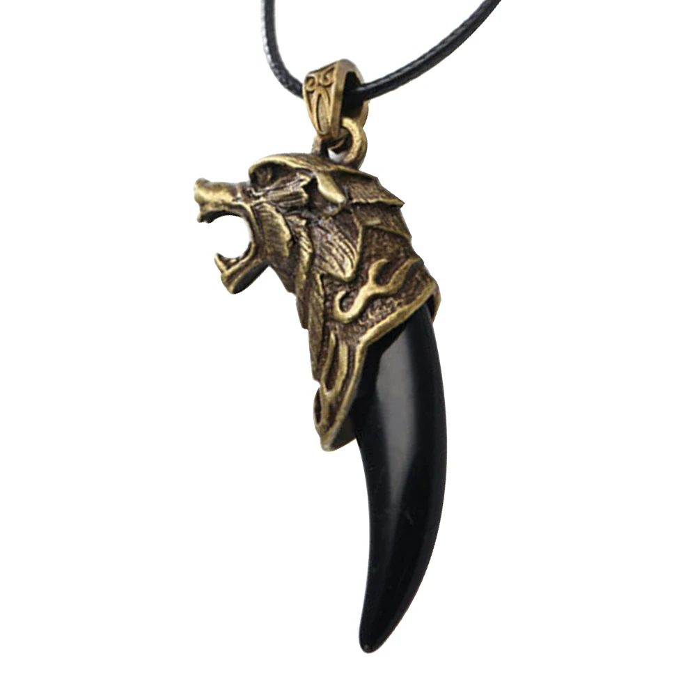 4 Color Antique Men Necklace Tribal Carved Wolf Fang Tooth Pendant Faux Leather Rope Necklace Resin Wolf Tooth Alloy Pendant