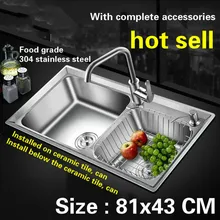 Большая кухонная раковина толщиной 0,8 мм пищевой 304 нержавеющая сталь нормальный двойной бак Горячая 810x430 мм