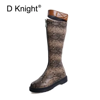 

2020 Autumn Winter New Knee High Boots Women Flats Front Zipper Retro Round Toe Serpentine Pu Leather Women's Shoes Riding Boots