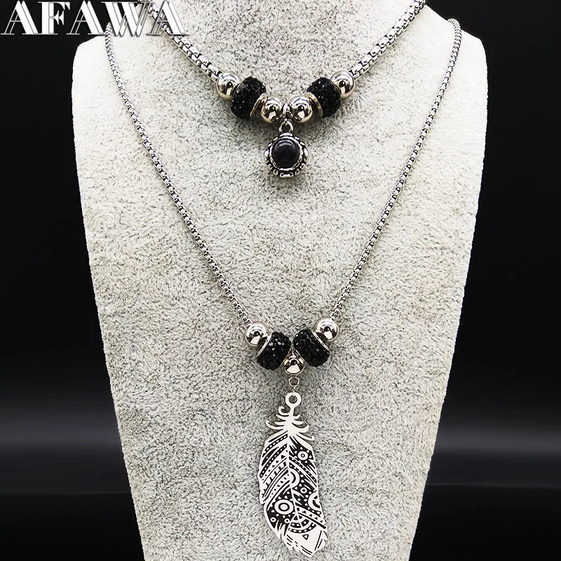 Женское ожерелье из нержавеющей стали с перьями и кристаллами, Двухслойное серебряного цвета ожерелья, Ювелирное колье N19584