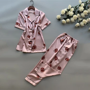 

Pajams Set Women Satin Sleepwear V-neck Short Sleeve Top&Pants For Ladies Autumn New Home Clothing Turn-down Collar Nightwear