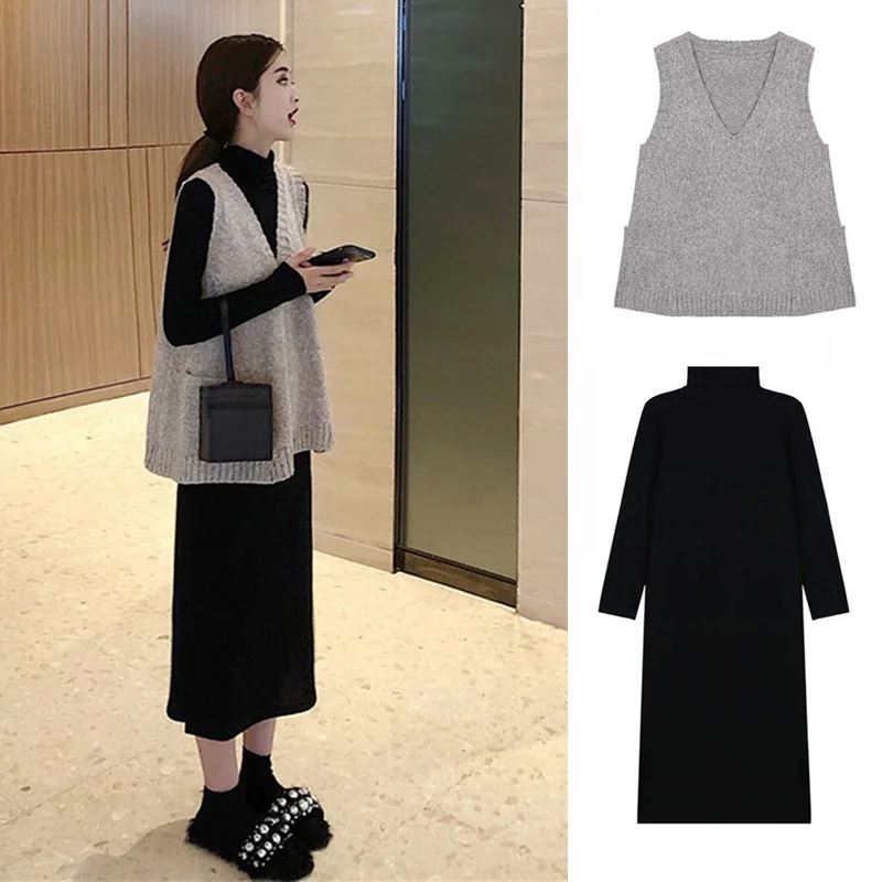 

2019 Early Autumn New Style Fat Mm Online Celebrity Knitting Suit Women's Western Style Large Size Slimming Sweater Dress Two-Pi