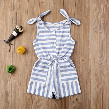 

Baby Girl Cotton Blue and White Striped Playsuit 1-5Y Kids Children Summer Casual Sleeveless Straight Overalls Jumpsuit