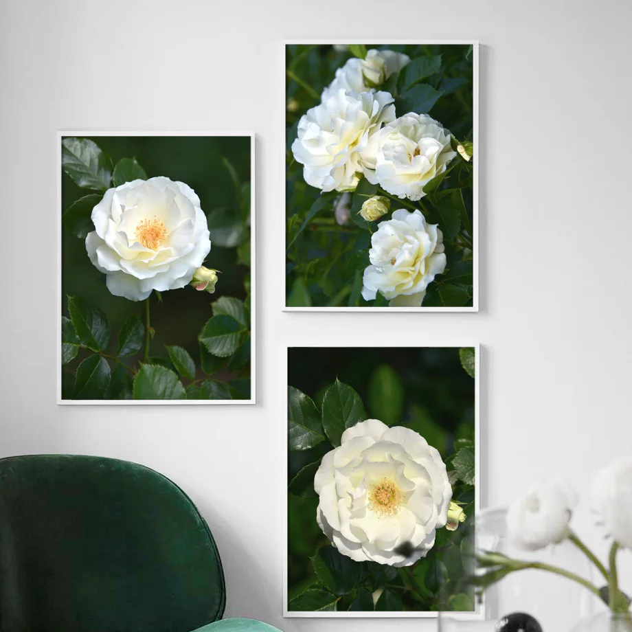 

White Rose Flower Green Leaves Wall Art Canvas Painting Nordic Posters And Prints Plant Wall Pictures For Living Room Home Decor