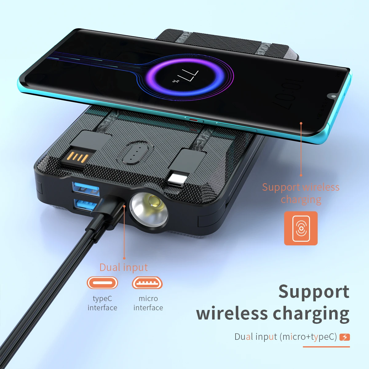 80000mAh Qi Wireless Charging Solar Panel Travel Portable Power Bank LED Built-in Charging Cable Fast Charging for Iphone Xiaomi portable wireless charger