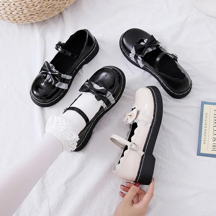 Lolita-Zapatos con lazo para mujer, zapatillas japonesas de Lolita de cabeza redonda, de encaje, de estilo kawaii