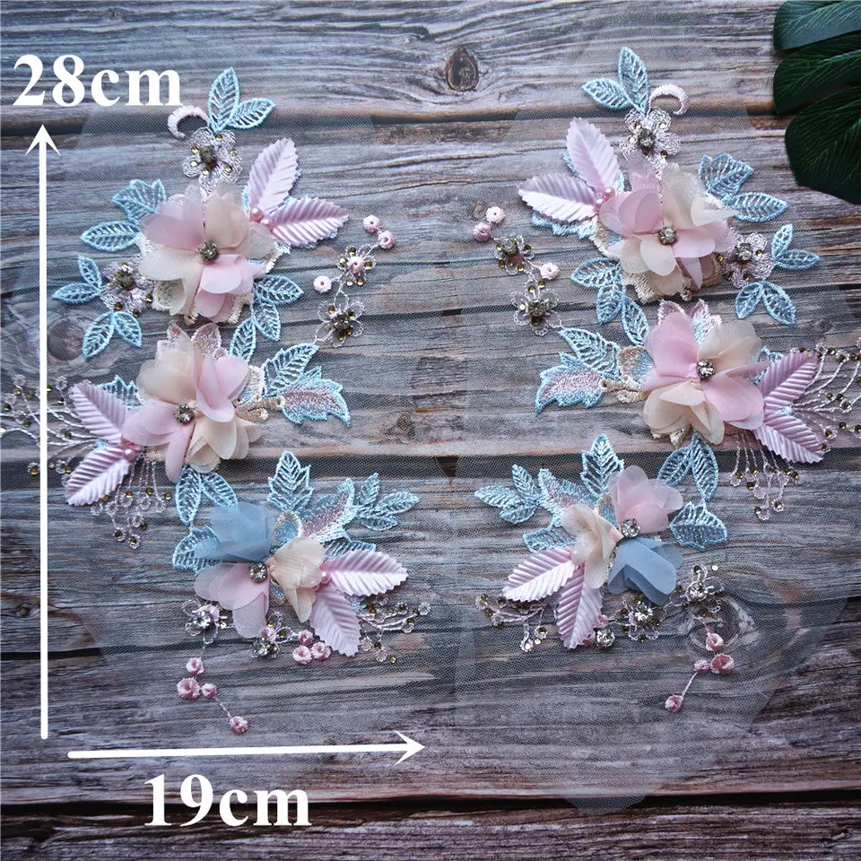 CABODYALS 2 Pièce Bleu 3D Floral Paillettes Applique Broderie Dentelle Fleurs Sequin Tulle Patchs Ciel Perlé Bleue Brodé Coudre Sur Appliques Pour Couture De Mariage Robe Vêtements Vestes Décoration