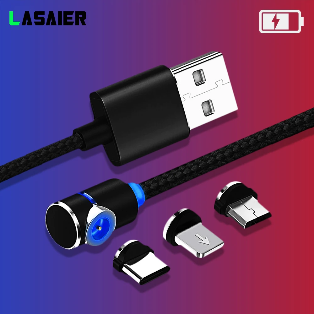Магнитный usb кабель 90 градусов 2.4A для зарядки iPhone 7 8 Plus XR Xs x Micro USB type C светодиодный