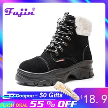 Fujin/обувь на толстой резиновой подошве; обувь на платформе; женская обувь с Плюшевым Мехом на шнуровке в европейском стиле; обувь ручной работы на толстой подошве; ботинки на танкетке с высоким берцем