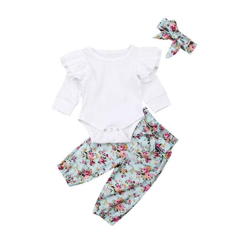 

Autumn Infant Baby Girl Clothing Sets 2Pcs Ruffles Long Sleeve Bodysuit Floral Pants Headband 3Pcs Baby Girl Cotton Outfit 0-24M