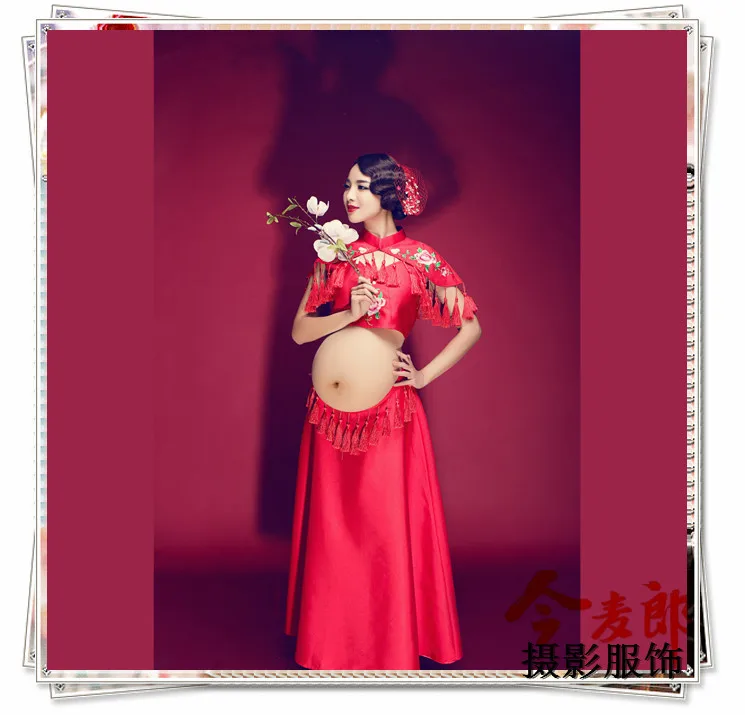Красное праздничное платье для мам, вечернее платье для съемок, свободный большой круглый вырез, большой размер, костюм для беременных - Цвет: Красный