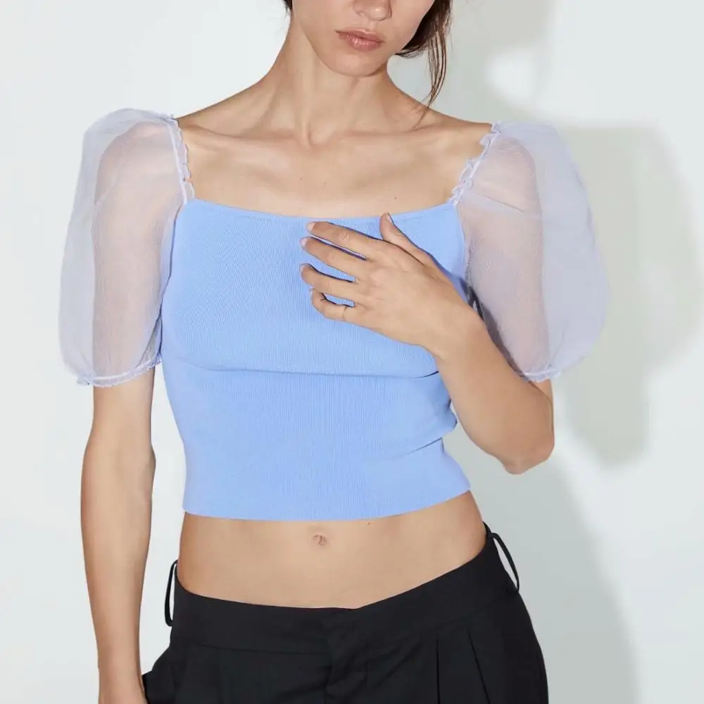 

Summer Fashion Sweater Women Casual Transparency Puff Sleeve Square Collar Short Sweet Sweater With Ruffle For Girls