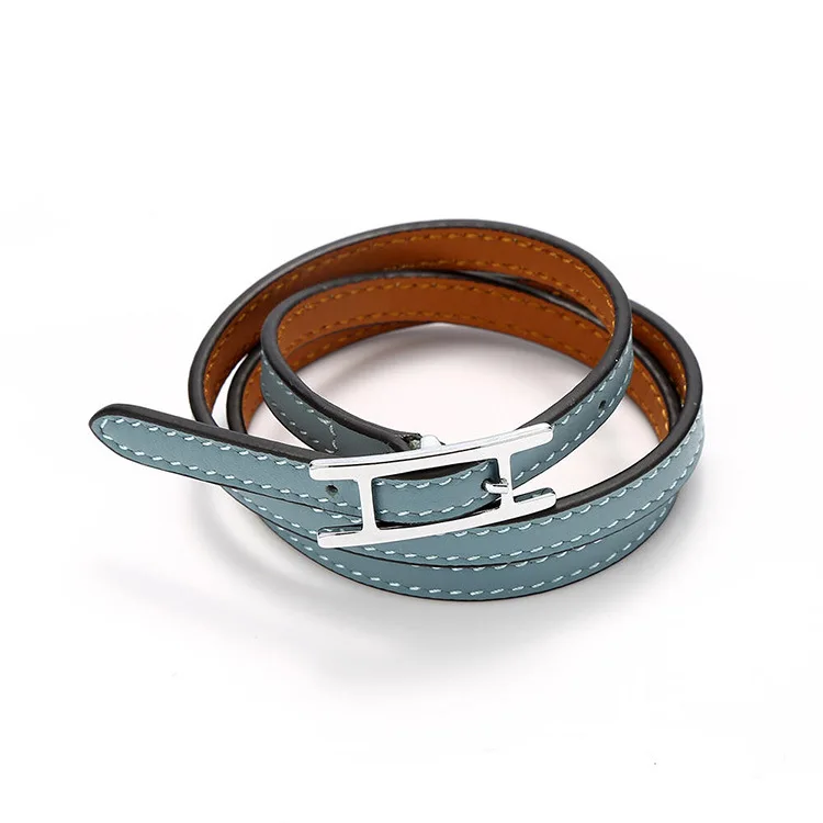 Light blue (Silver) Популярный бренд из нержавеющей стали мульти двойной многослойный браслет синий желтый красный зеленый цвет реальные браслеты из яловой кожи для женщин DJ1380 - Окраска металла: Light blue (Silver)
