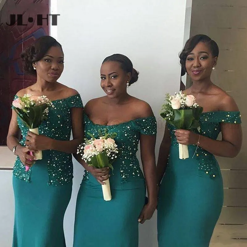 

Green Bridesmaid Dresses Mermaid Off-the-Shoulder Honor of Maid Wedding Party Gowns