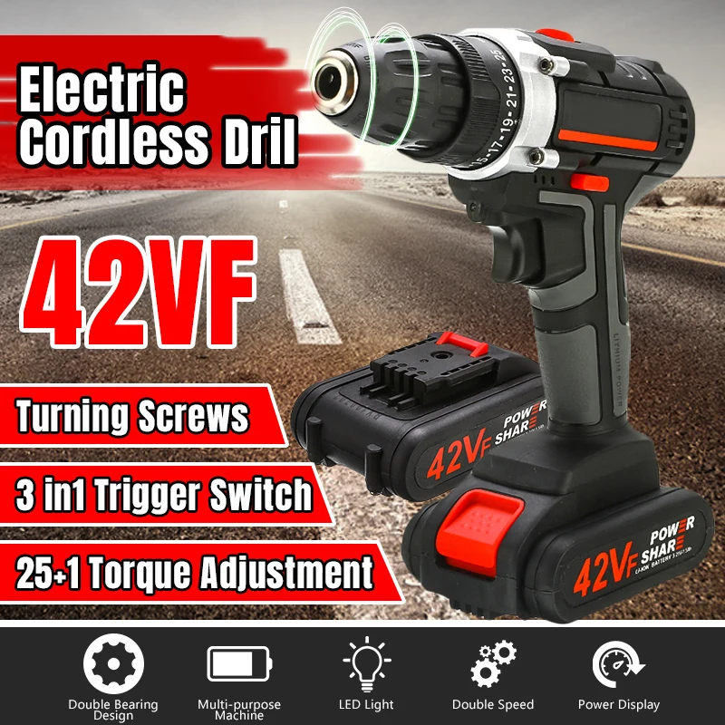 

42VF Double Speed Cordless Electric Screwdriver Impact Drill 25+1 Torque Rechargeable LI-ION Battery Electric Drill Power Tools
