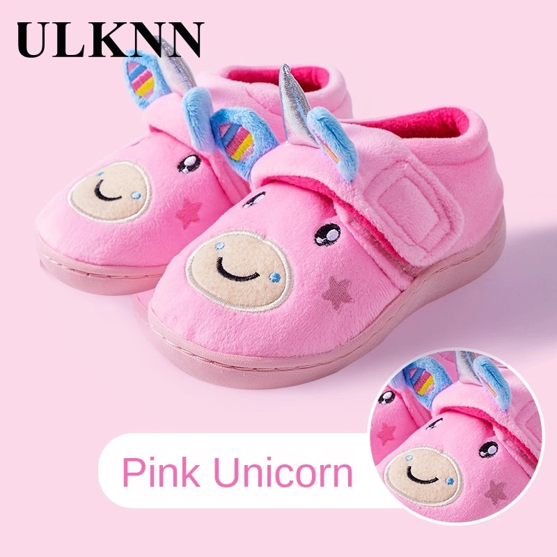 

ULKNN New Winter Girls Unicorn Slipper Children Warm Shoes Boy Indoor Shoes Home Wear Kids Dinosaur Winter Slippers Plush Unisex