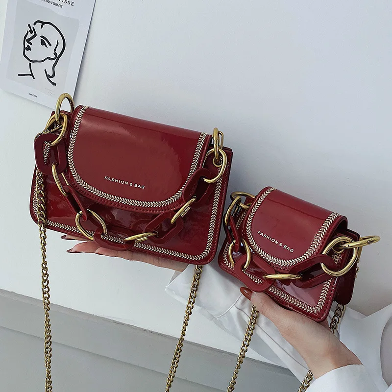 

2019 Winter New Style WOMEN'S Bag Chain Bright Surface Square Sling Bag INS-Style Car Suture Large Small Trapezoid Shoulder WOME