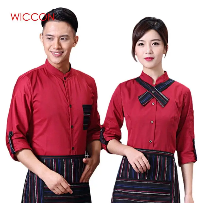 

WICCON Shirt And Apron Hotel Restaurant Waiter Uniform Coffee Shop Waiter Shirt Sets Waitress Uniforms Long Sleeve Work Clothes