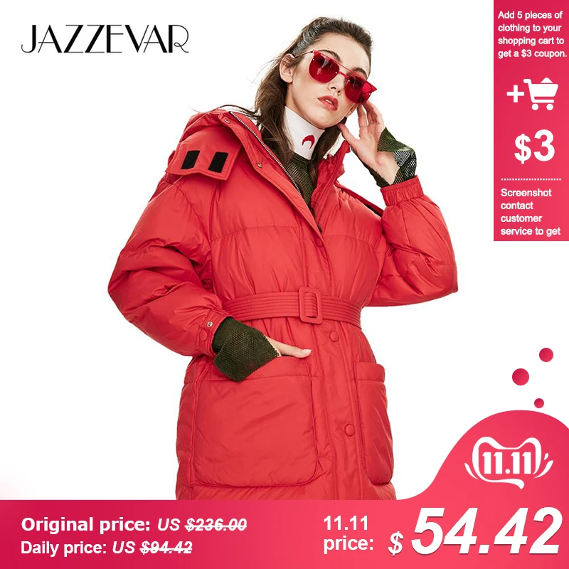 Billig JAZZEVAR 2019 Winter neue ankunft frauen unten jacke top rot farbe mit gürtel mode stil winter kurze unten mantel für frauen K9043