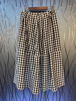 

2020 Spring and Summer New Women's Black and White Lattices Decoration Lotus Leaf Swing All-match Mid-Length Skirt 620