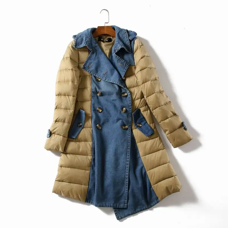 

Winter Europe and The United States Thick Warm Denim Spell Receiving Waist Slimming Long Double-breasted Down Jacket Coat Women