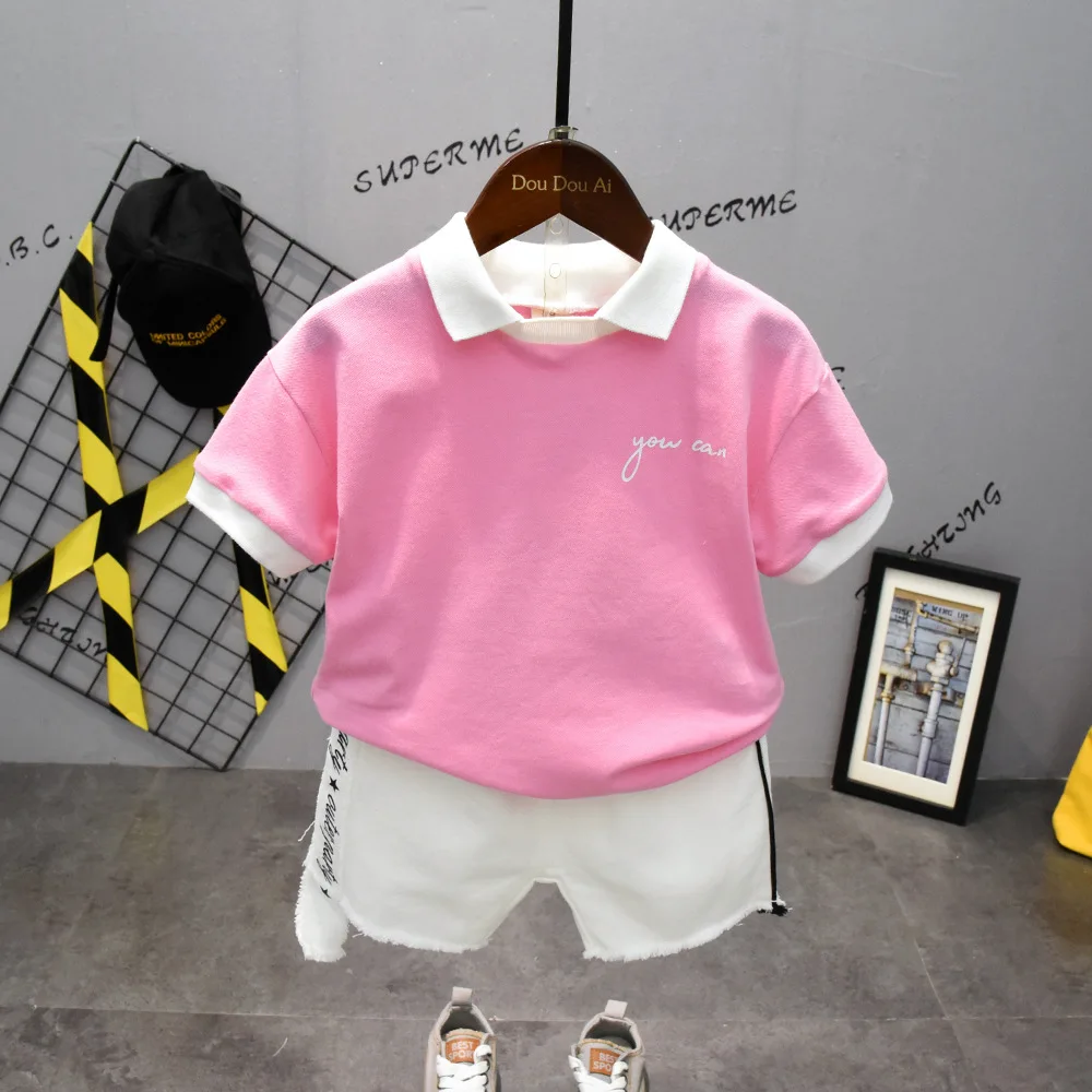 2PCS WLG Boys Outfits Summer Kids Pink Patchwork Shirt and White Short Set Baby Boy Fashion Clothes for 2-6 Years |
