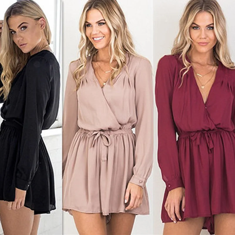 

women Deep V elegant jumpsuit short rompers Summer solid print overalls playsuit summer ladies new street fashion sexy cross V-