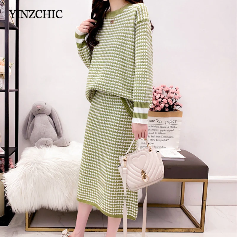 

Thick Woman Winter Knit Suits Female Casual Loose Sweater A-line Skirt Sets Plaid Ladies Knitted Two-pieces Set Warm