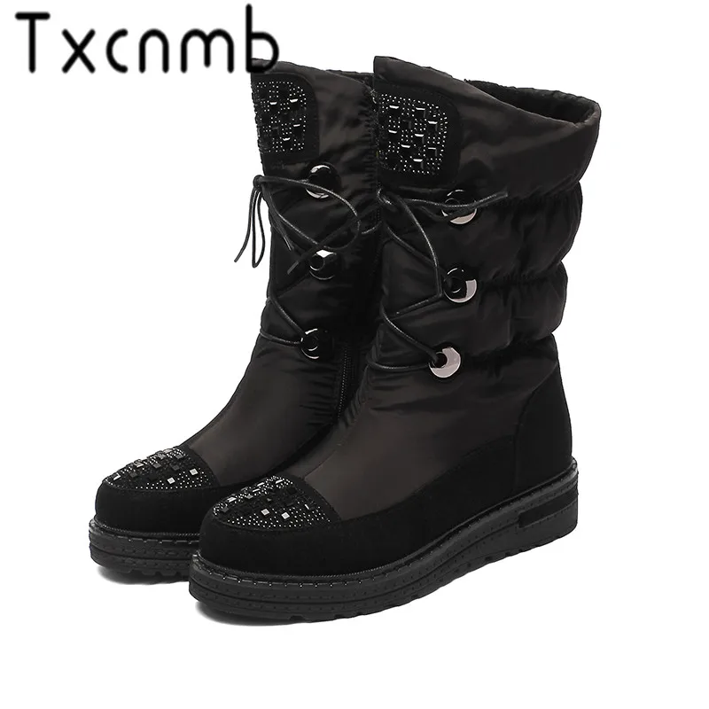 

TXCNMB Real Cow Suede Leather Fur Lined Women Mid-calf Winter Snow Boots for Women Casual Winter Shoes Waterproof Black