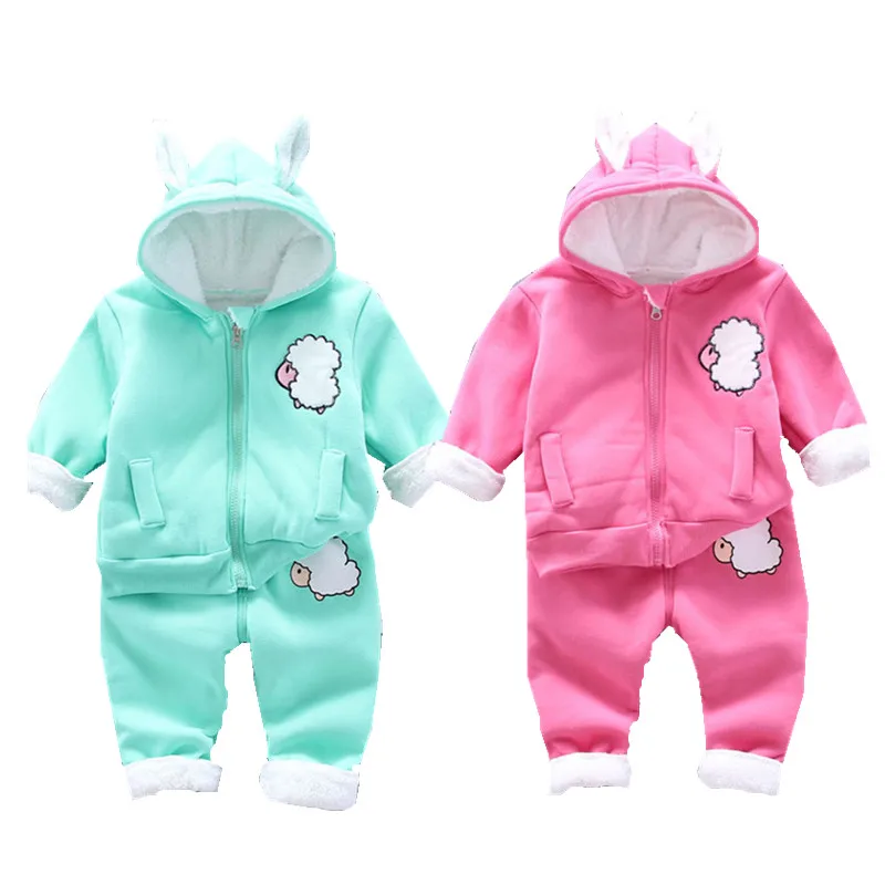 

Plush inside of Toddler Girls Clothes Kids Autumn Winter Hooded jacket+Pants Christmas Girl's Outfits Warm Children Clothing set