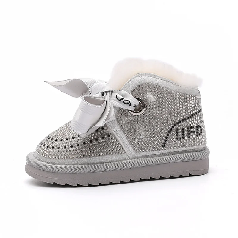 AOGT Winter Baby Girls Boots Rhinestone Princess Warm Plush Toddler Cotton Shoes Non-Slip Fashion Wool Infant Snow Boot