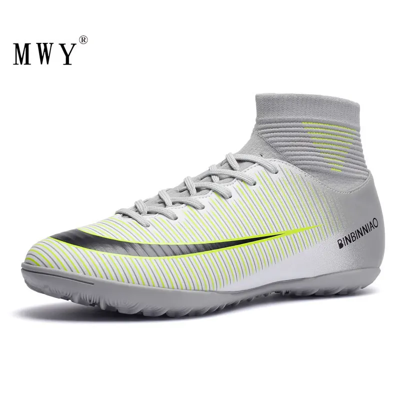 Cena MWY męskie buty piłkarskie knagi sportowe buty za kostkę czarne trampki kryty Turf Futsal buty piłkarskie mężczyźni Voetbal Schoenen Trainer