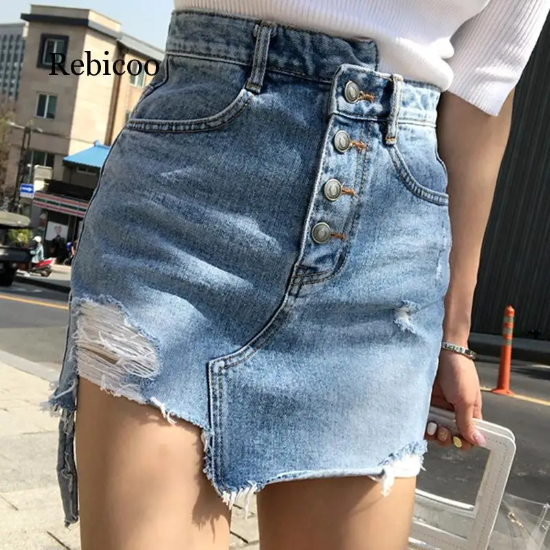 

Casual Irregular High Waist Denim Skirt Light Wash Women Ripped Mini Skirt Female mini saia mujer 2019 Summer