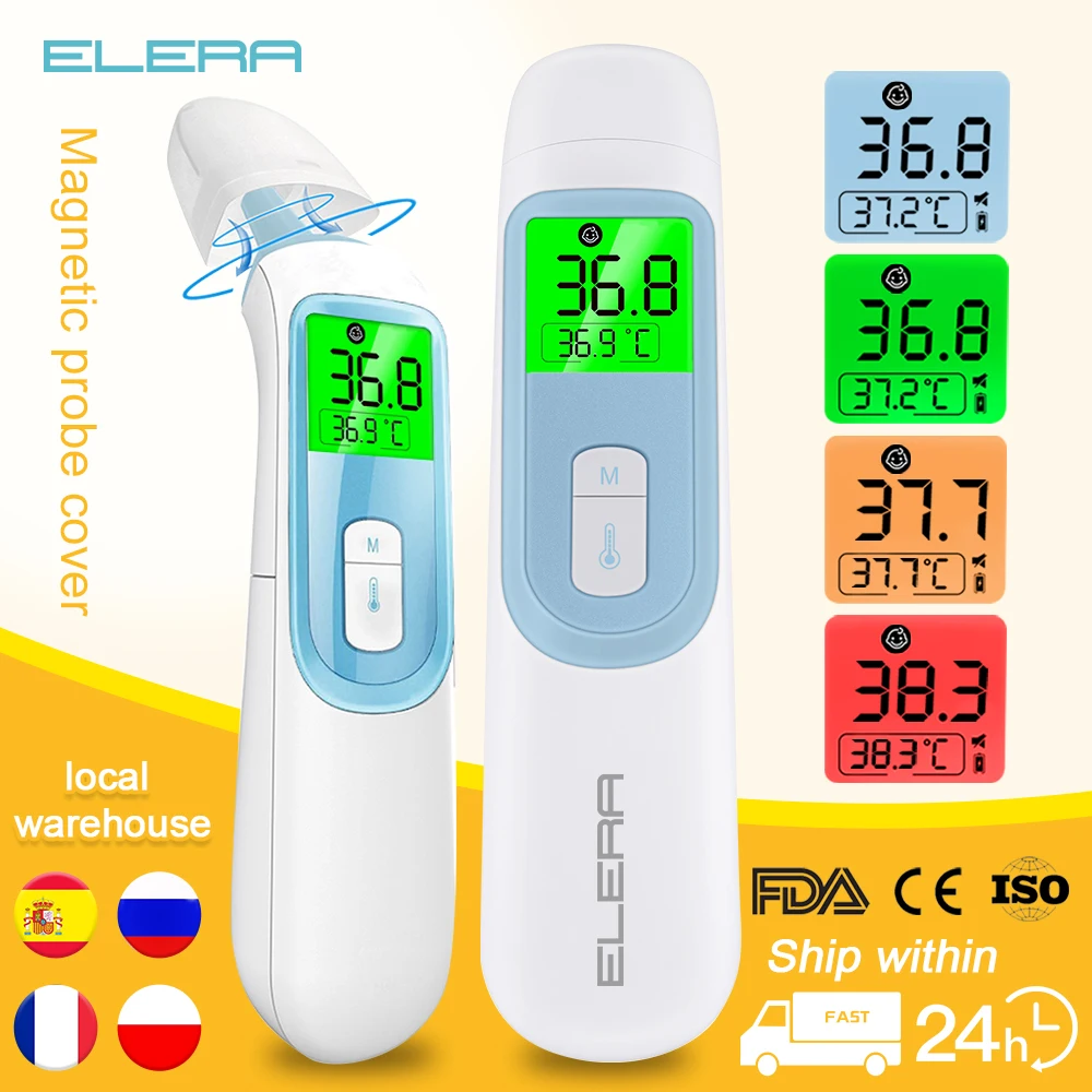 ELERA-termómetro Digital para la frente y el oído, medidor de temperatura corporal sin contacto, infrarrojo, LCD, cuerpo de adulto, fiebre IR, para niños