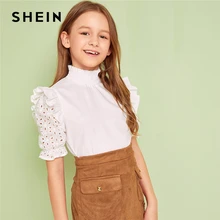 SHEIN Kiddie White Shirred High Neck Ruffle Girls Cute Blouse Summer Puff Sleeve Frill Eyelet Embroidery Kids Blouse Tops