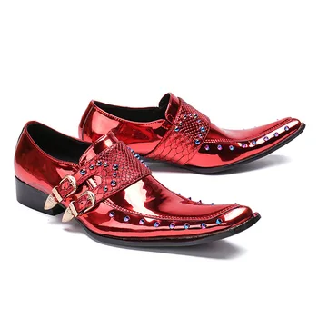 

Runway New Italy 2020 Men Genuine Leather Wedding Dress Rivet Beading Derby Shoes Buckle Slip On Formal Square Toe Zapatos