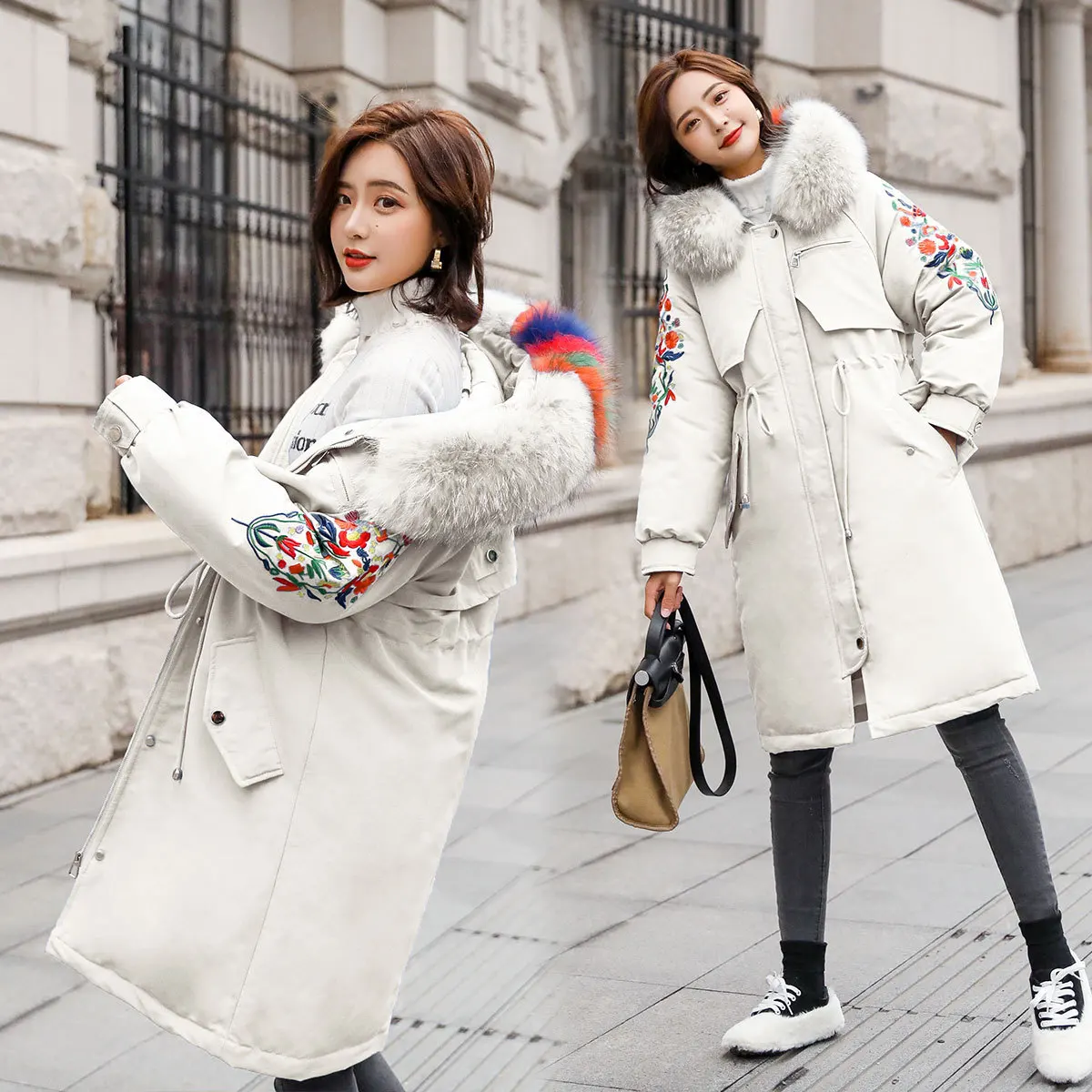 

Winter Cotton-padded Clothes Women's Mid-length Korean-style 2018 New Style Embroidered Large Fur Collar over-the-Knee Thick Cot