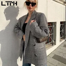 LTPH – blazer mi long à manches longues pour femme, vêtement épais, style vintage, pied de poule, avec poches, décontracté, nouvelle collection hiver 2020 