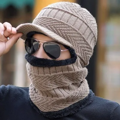 Khaki Унисекс теплая зимняя вязаная шапка модная зимняя шапка для мужчин и женщин зимний шарф Толстая шляпа козырек - Цвет: Khaki