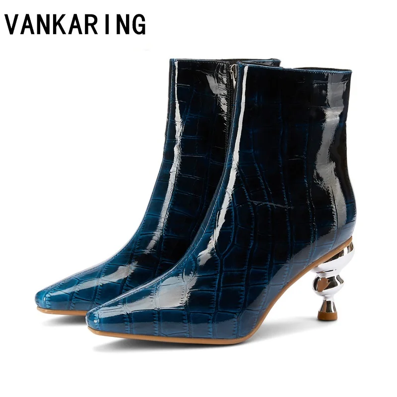 Новинка; Брендовая женская обувь; ботильоны волшебного цвета; женские ботинки из натуральной кожи на молнии; осенние ботинки на высоком каблуке; женские вечерние туфли-лодочки - Цвет: blue