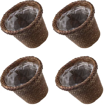 

ELEG-4Pcs Mat Grass Decorative Planter Basket Hand-Woven Waterproof Plastic Film Indoor Outdoor Plant Containers Nursery Pots