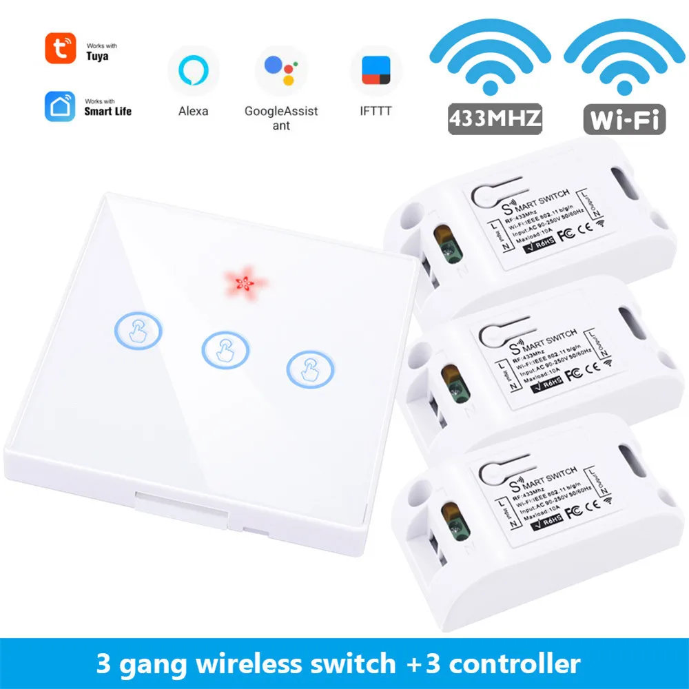 w 3 gang 3 Receiver SMATRUL Tuya Smart Life APP WiFi сенсорный выключатель светильник RF 433 МГц настенный DIY релейный таймер модуль Google Home Amazon Alexa 110 В 220 В 10A - Цвет: w 3 gang 3 Receiver