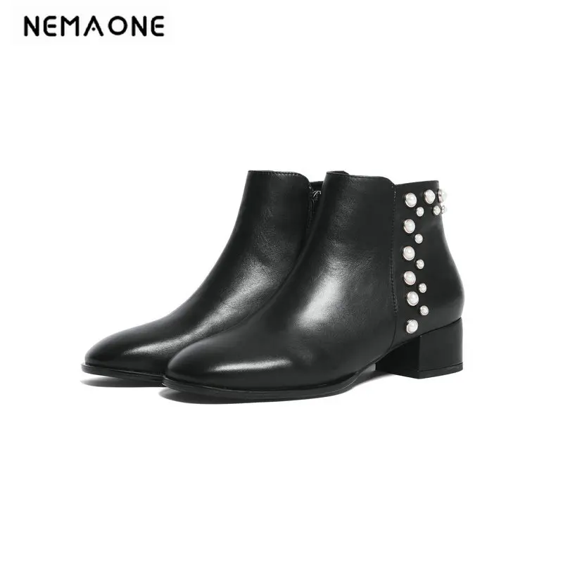 

NEMAONE Genuine Leather Boots Women Female Party Office Shoes Woman 4cm Square Heels Ankle Boots large size 41 42 43 44