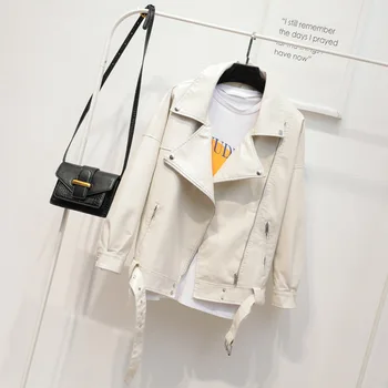 

Faux Leather Jacket Women Spring Autumn Turn-down Collar Zipper Loose Short Female Coat 2020 Ladies Leather Jackets Women Coats