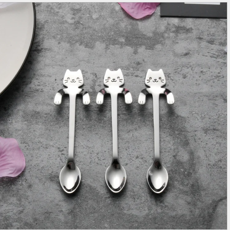 304 Stainless Steel Creative Cat Spoon Handle Hanging Spoon Cute Cartoon Animal Cat Dessert Coffee kichen accessories