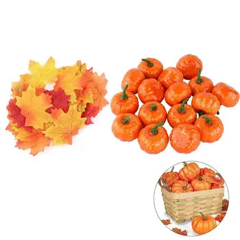 

12PCS Mini Fake Pumpkins with 30PCS Lifelike Maple Leaves for Halloween Thanksgiving Decorations