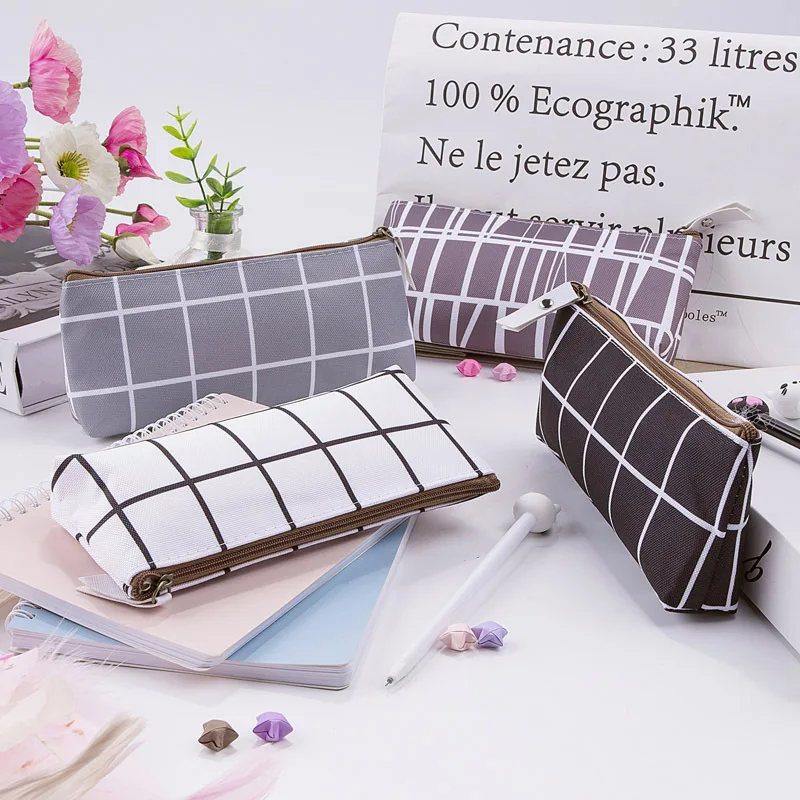 

1Pc Grid Striped Canvas Pencil Case Cute Simple Pencil Bag For Kids Boys Pen Box School Office Stationery Pencilcase