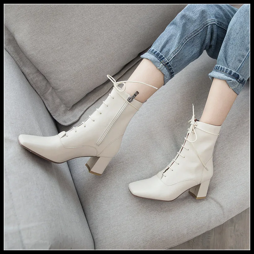 

women motorcycle boots genuine leather shoes vintage ankle shoes high heel lace up zip designer autumn winter shoes woman 42 43