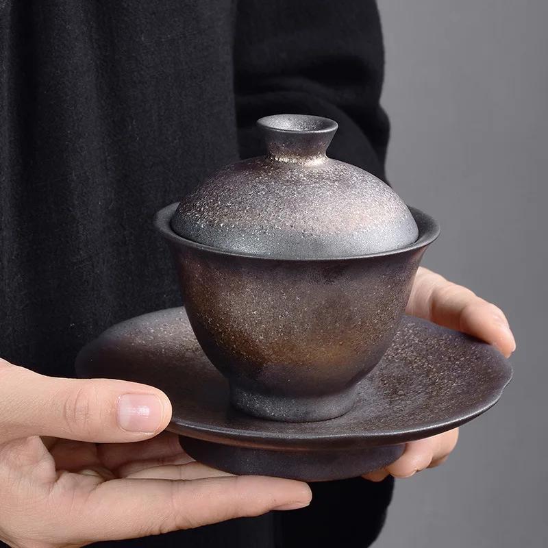 Cover Teacup Ceramic Large Handmade Tea Bowl Stoneware Gilding Glaze Gaiwan Tea Utensils Making Device Bowl Chinese Gaiwan
